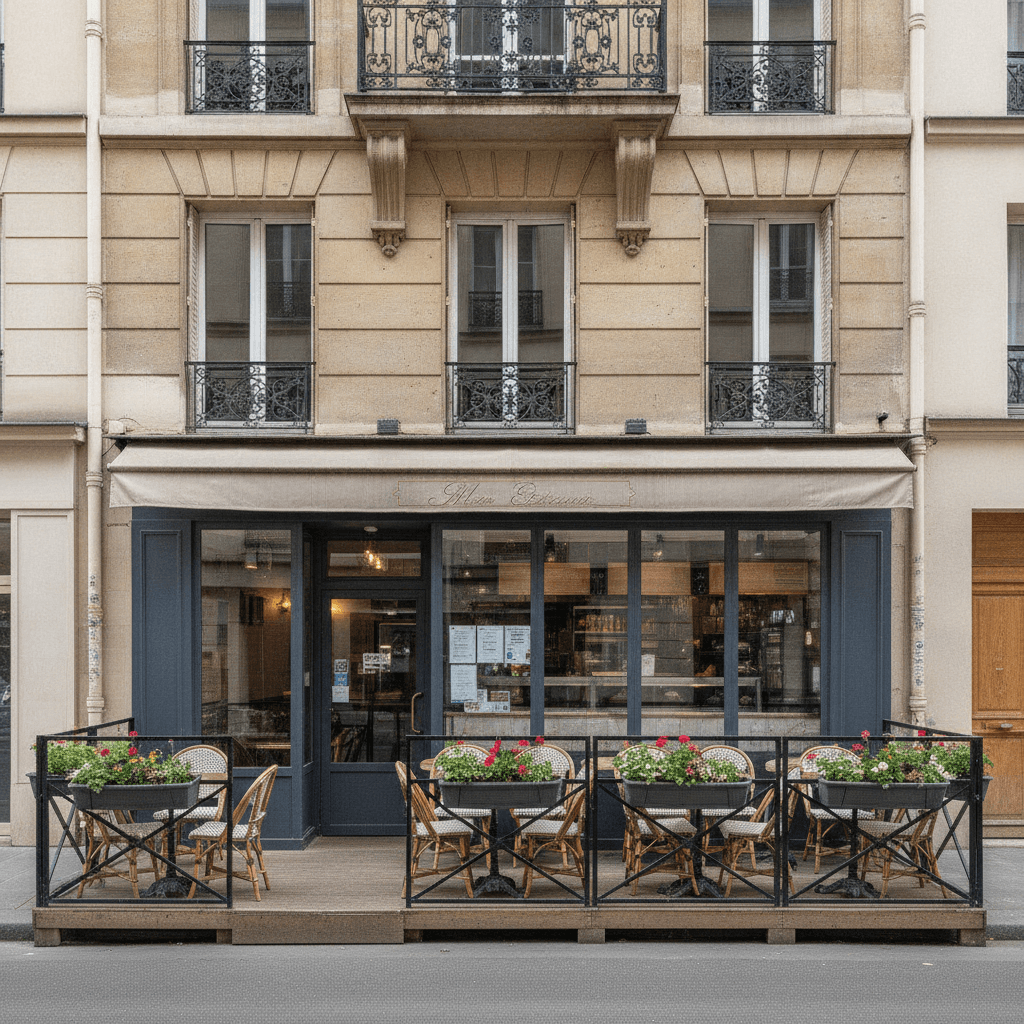 Snack 18 couverts à Paris : terrasse - cuisine équipée