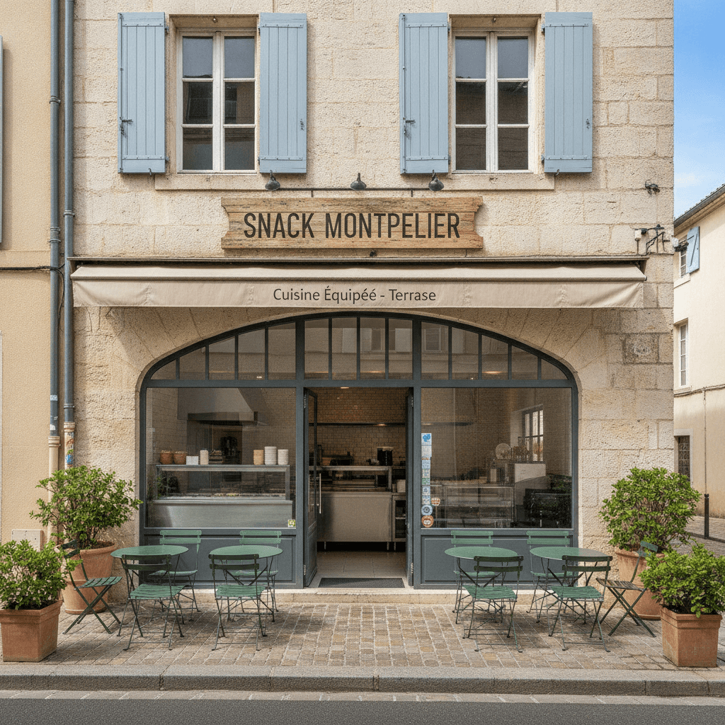 Snack 92m² à Montpellier : terrasse - cuisine équipée